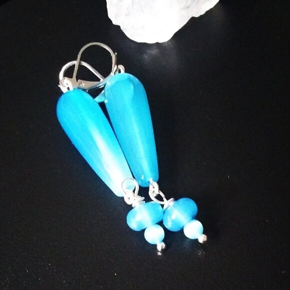 Coastal Aqua Blue Agate ~ Elongated Teardrop Danglers - Sleek Femme & Sexy - Picture 2 of 7